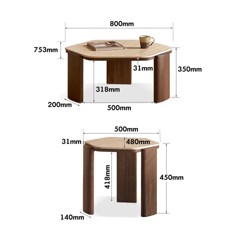 dimension detail diagram of Japandi Sintered Stone Coffee Table Set SILENCE