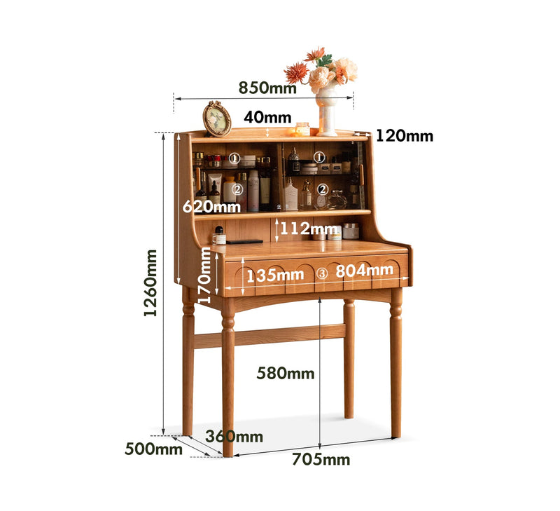 dimension detail diagram of Vintage Cherry Wood Dressing Table ANNA