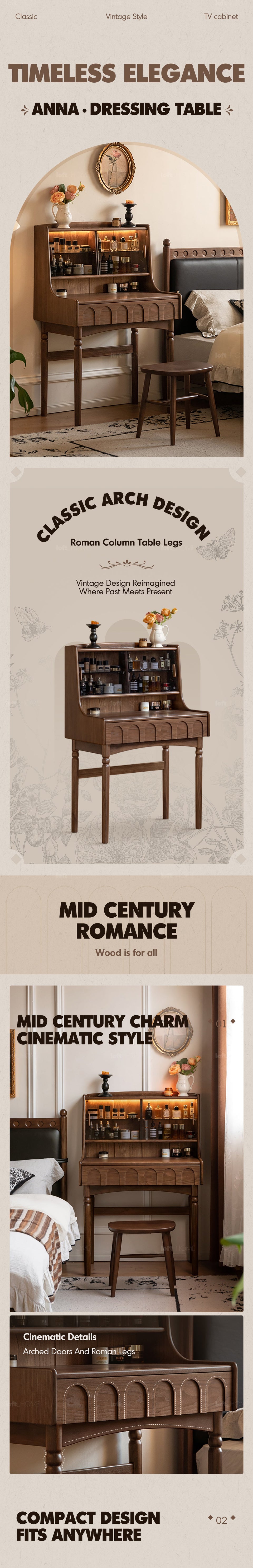 more product details and feature of Japandi Walnut Wood Dressing Table ANNA
