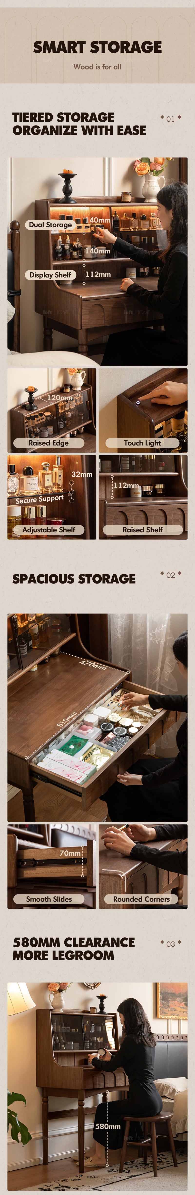 more product details and feature of Japandi Walnut Wood Dressing Table ANNA