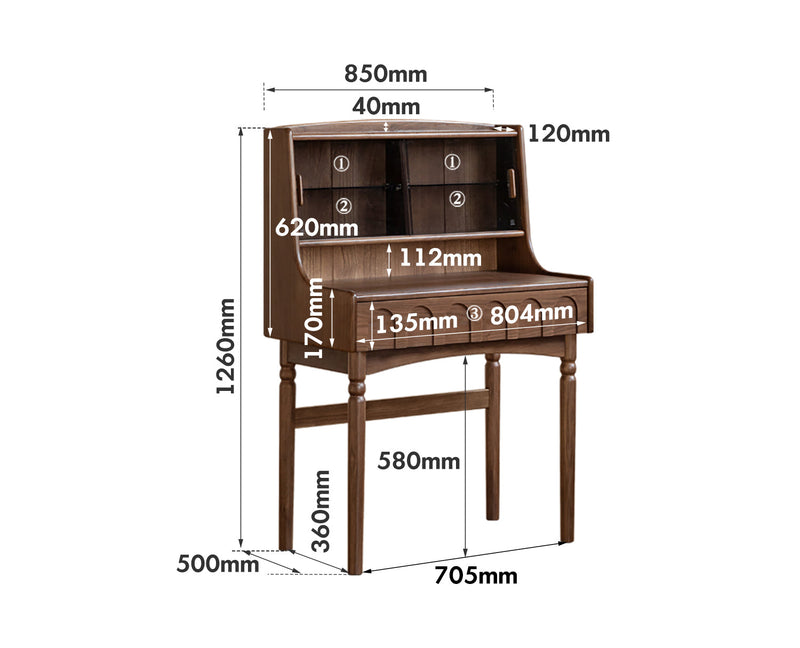 dimension detail diagram of Japandi Walnut Wood Dressing Table ANNA