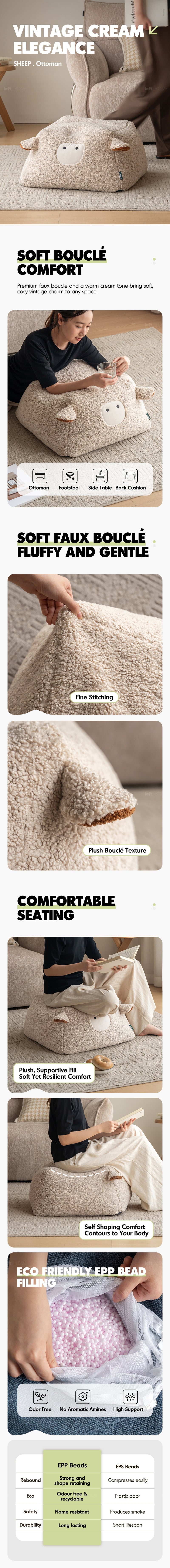 more product details and feature of Cream Boucle Fabric Ottoman SHEEP