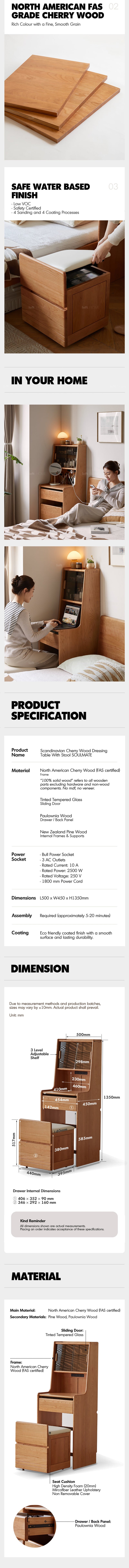 more product details and feature of Scandinavian Cherry Wood Dressing Table With Stool SOULMATE