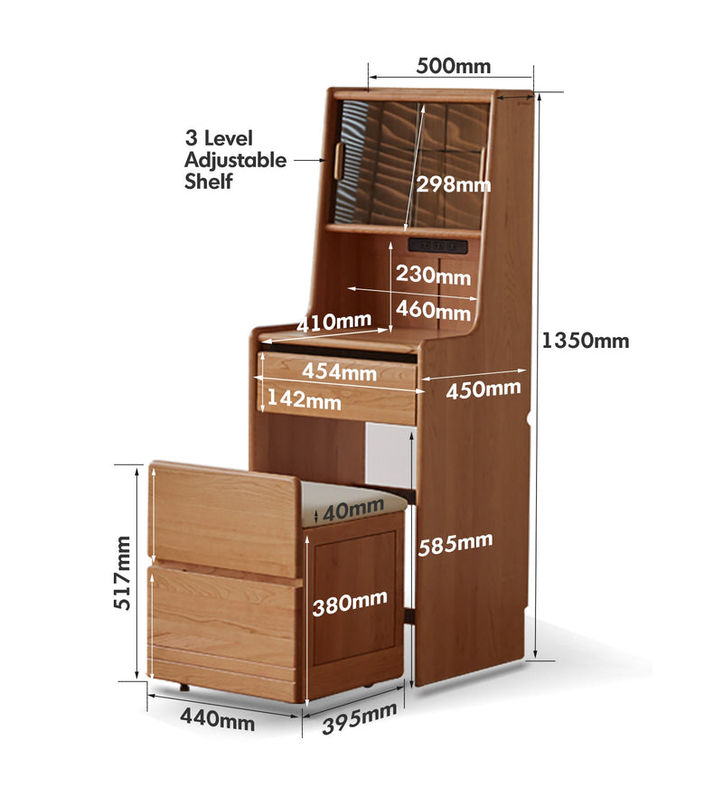 dimension detail diagram of Scandinavian Cherry Wood Dressing Table With Stool SOULMATE