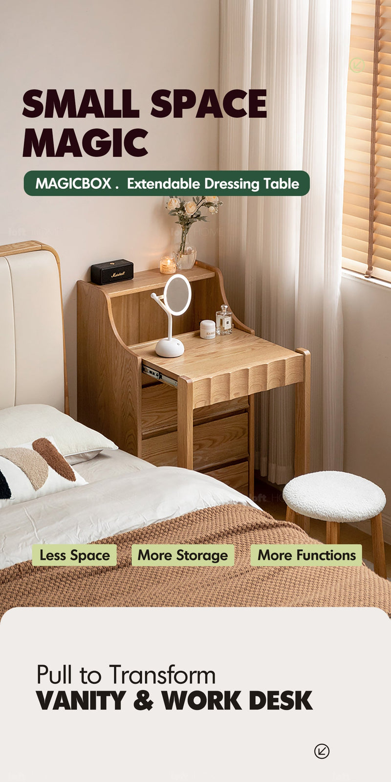 more product details and feature of Scandinavian Oak Wood Extendable Dressing Table MAGICBOX