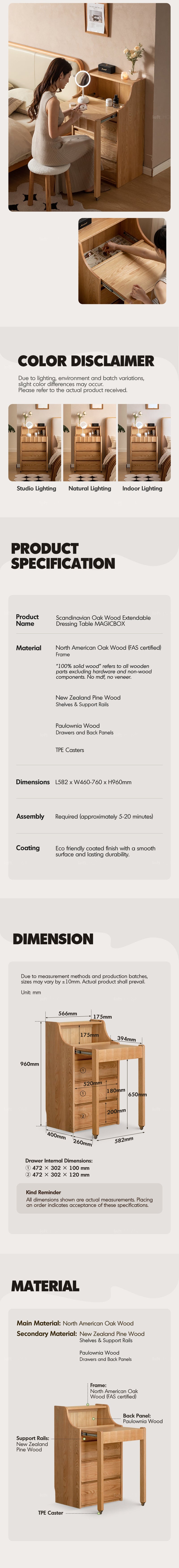 more product details and feature of Scandinavian Oak Wood Extendable Dressing Table MAGICBOX