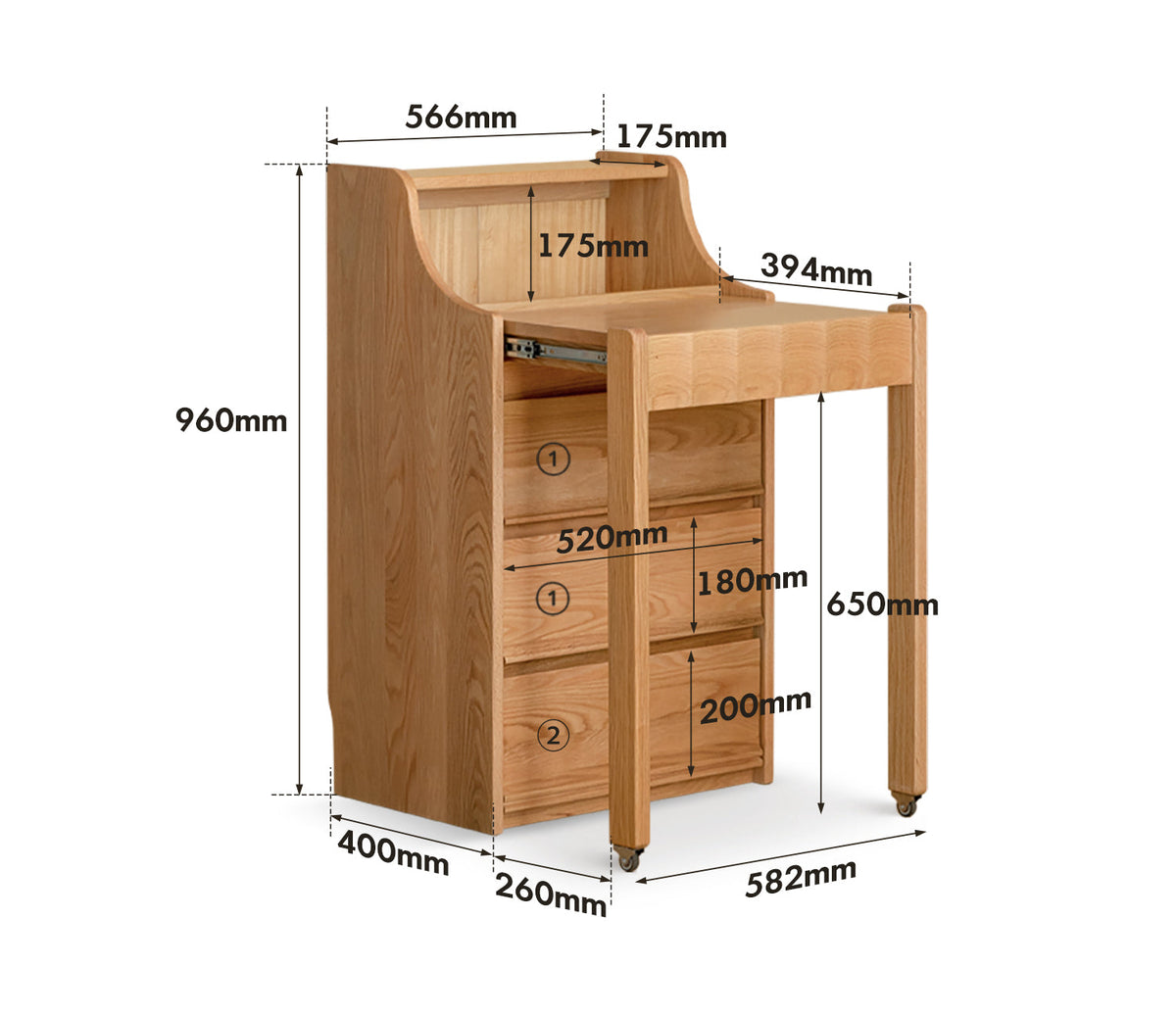 dimension detail diagram of Scandinavian Oak Wood Extendable Dressing Table MAGICBOX