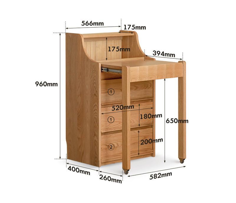 dimension detail diagram of Scandinavian Oak Wood Extendable Dressing Table MAGICBOX