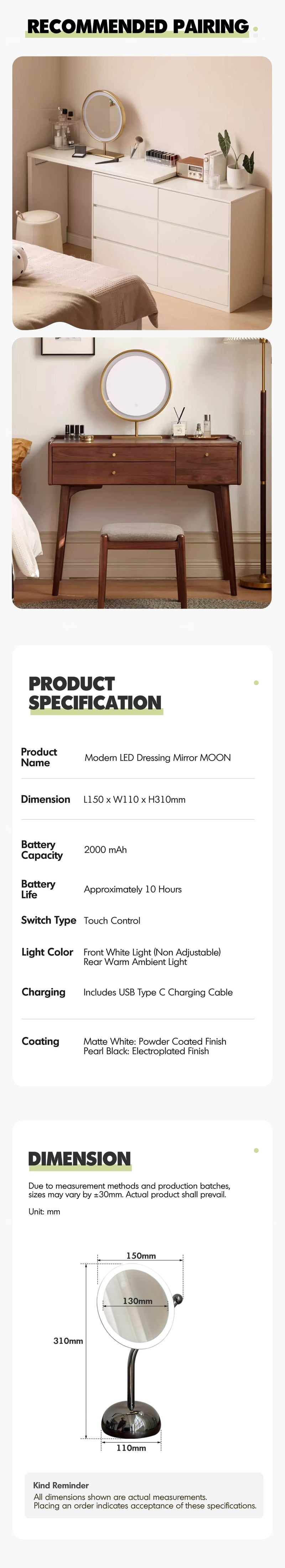 more product details and feature of Modern LED Dressing Mirror MOON