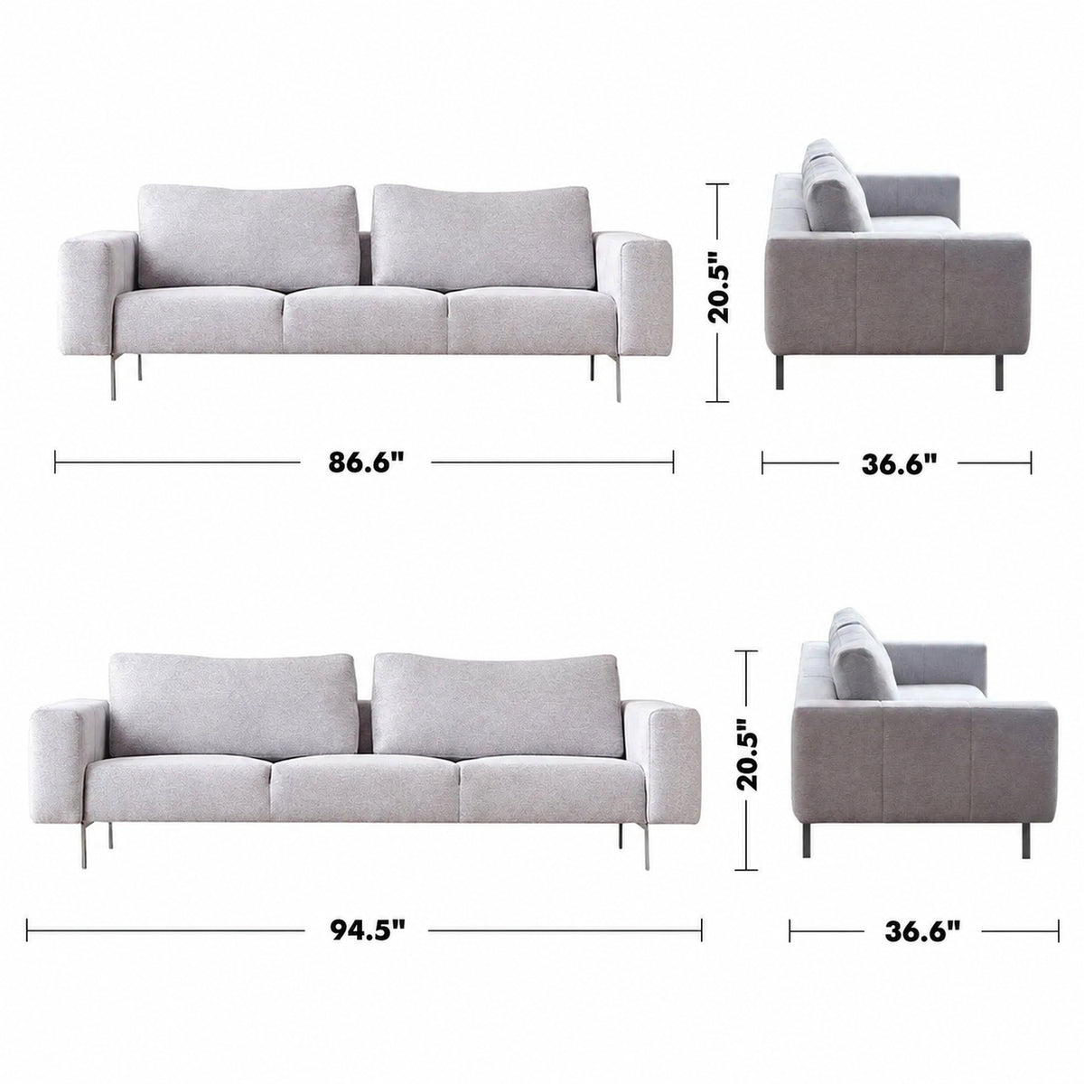 Minimalist Fabric 3 Seater Sofa AMALF Size Chart