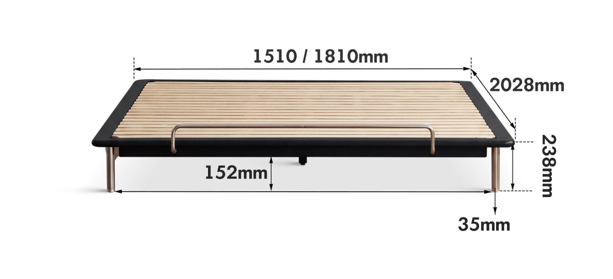 dimension detail diagram of Bauhaus Rubber Wood Platform Bed AMERICANO