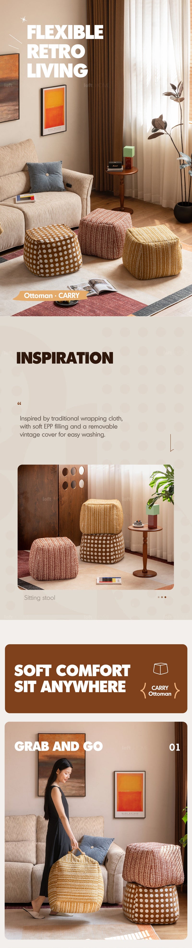 more product details and feature of Cream Boucle Fabric Ottoman CARRY