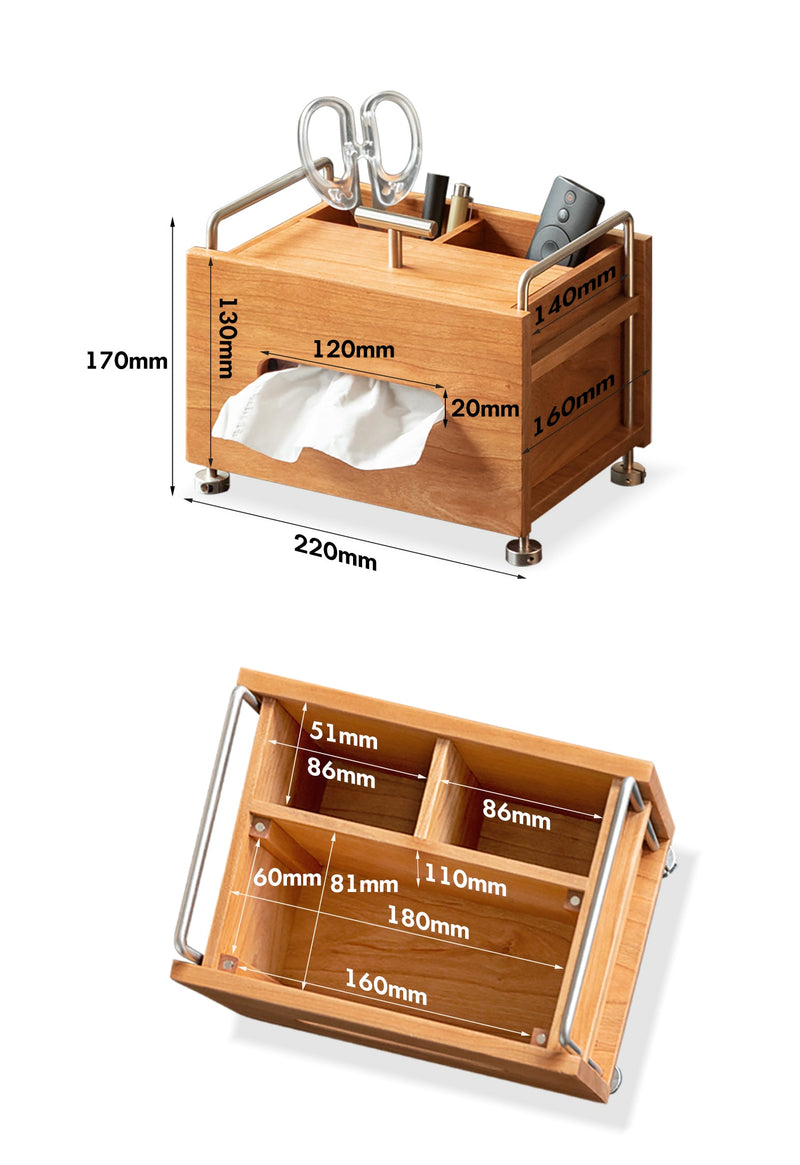 dimension detail diagram of Scandinavian Cherry Wood Tissue Box SORT