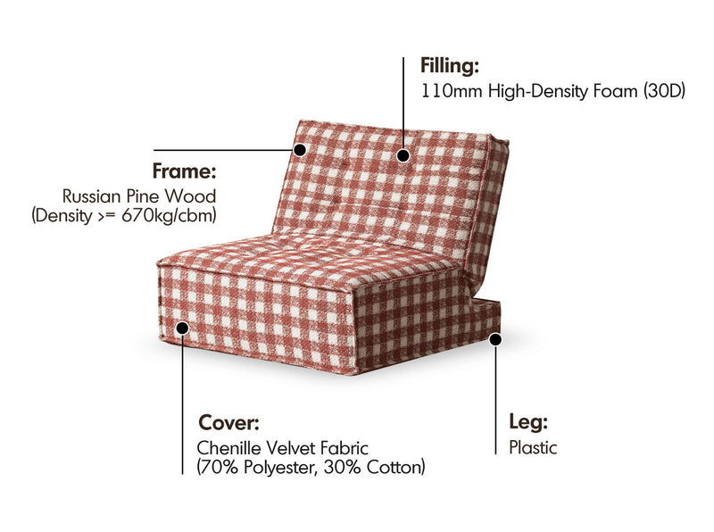 more material details of Bauhaus Chenille Velvet Fabric 1 Seater Sofa Bed DRIFT