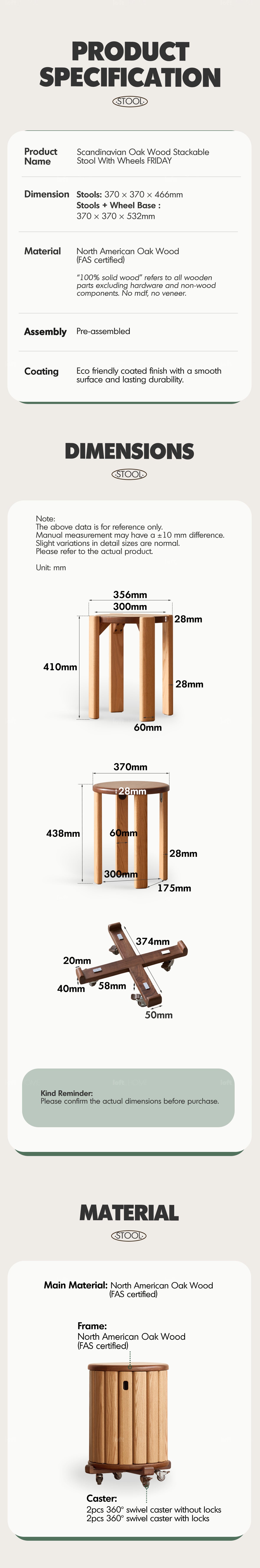 more product details and feature of Scandinavian Oak Wood Stackable Stool With Wheels FRIDAY