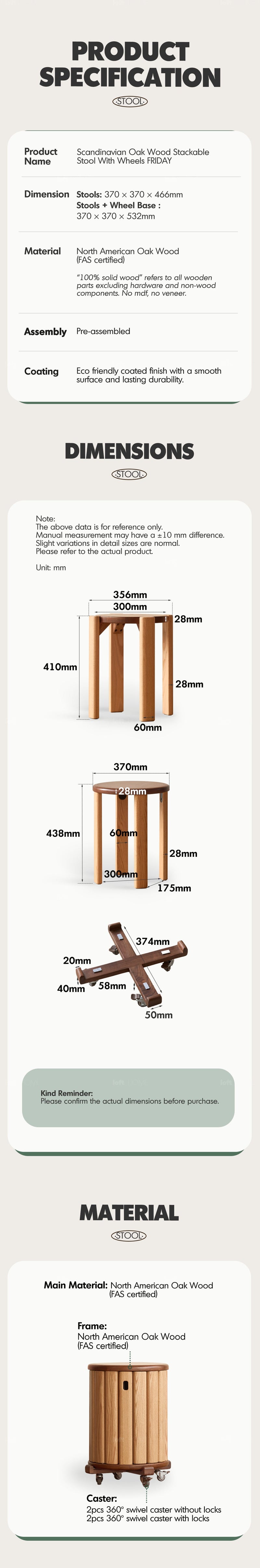 more product details and feature of Scandinavian Oak Wood Stackable Stool With Wheels FRIDAY