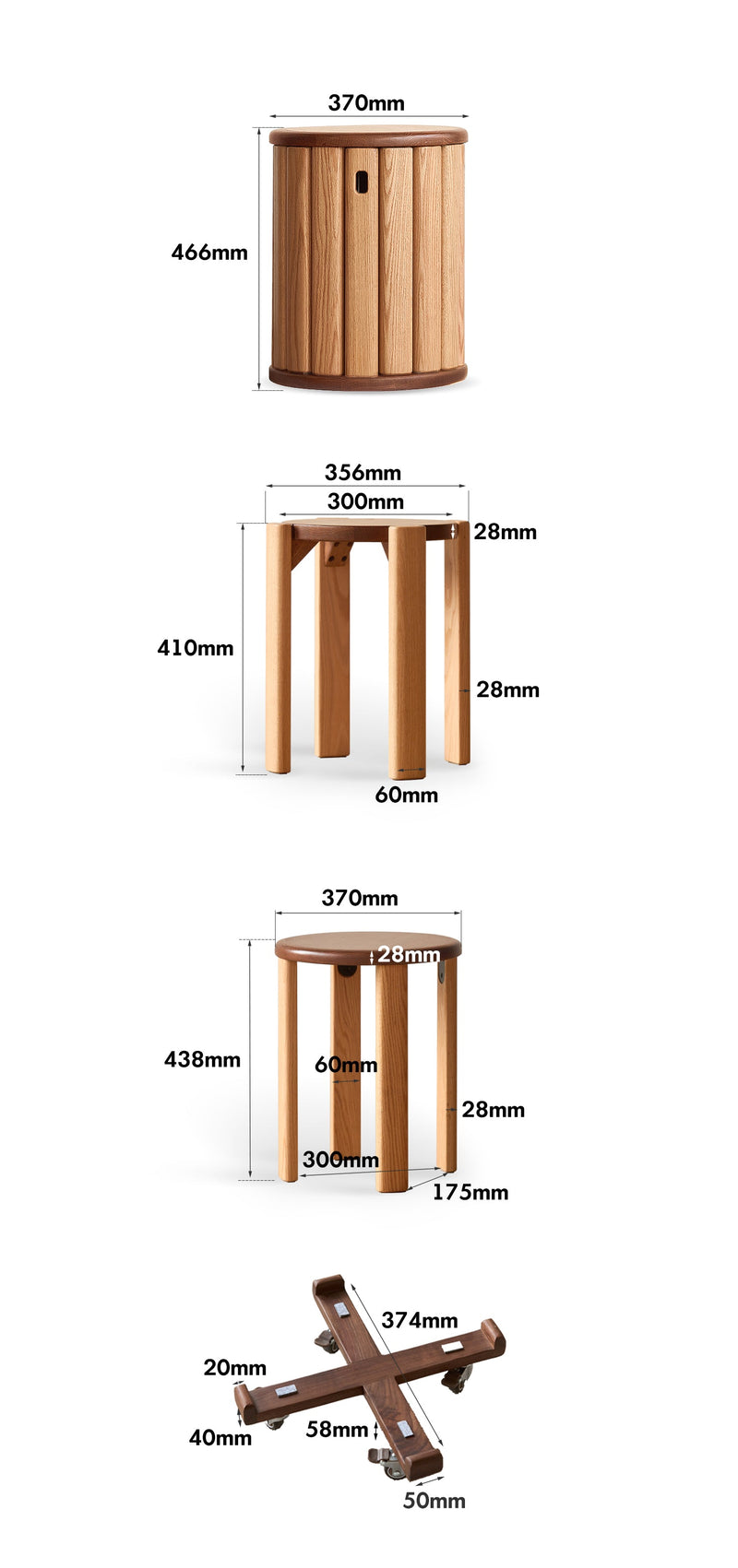 dimension detail diagram of Scandinavian Oak Wood Stackable Stool With Wheels FRIDAY