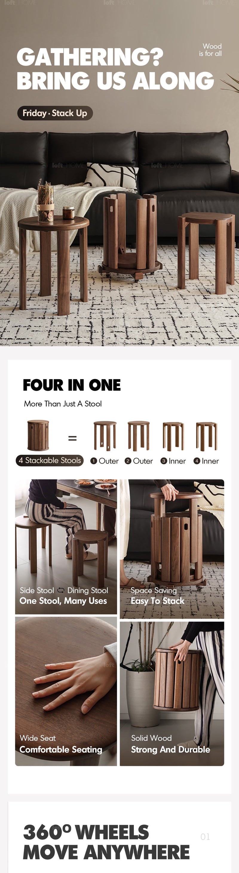more product details and feature of Japandi Rubber Wood Stackable Stool With Wheels FRIDAY