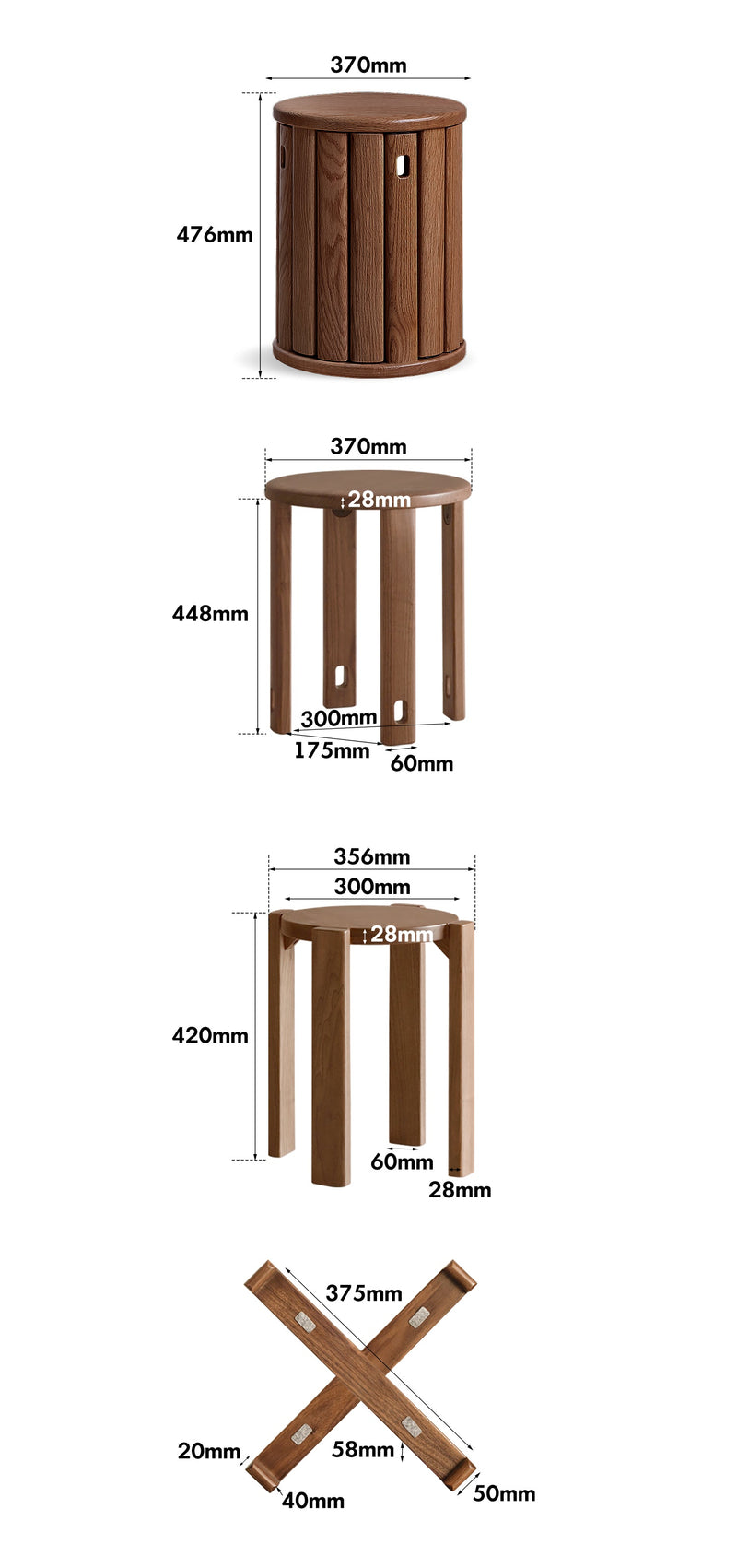 dimension detail diagram of Japandi Rubber Wood Stackable Stool With Wheels FRIDAY