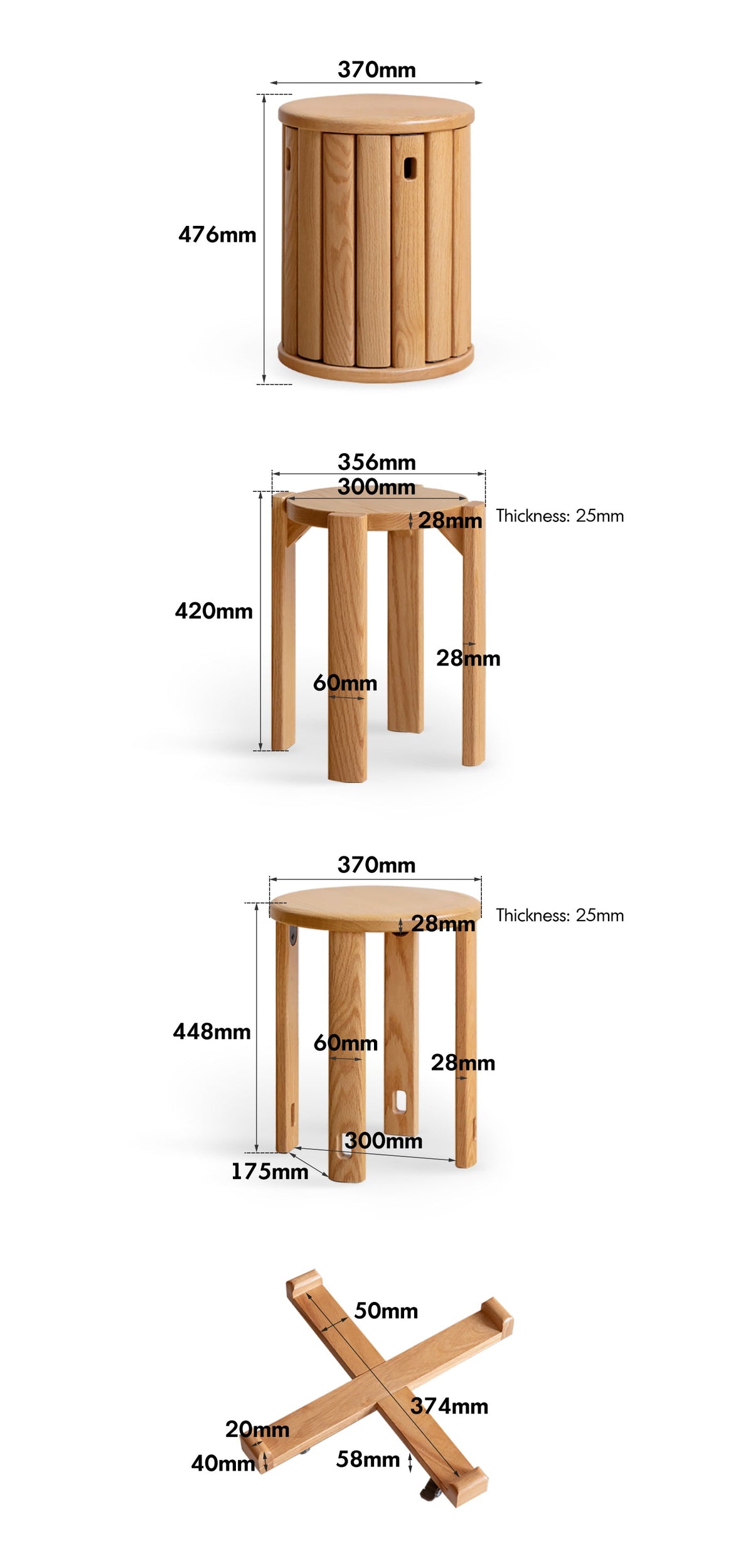 dimension detail diagram of Scandinavian Rubber Wood Stackable Stool With Wheels FRIDAY