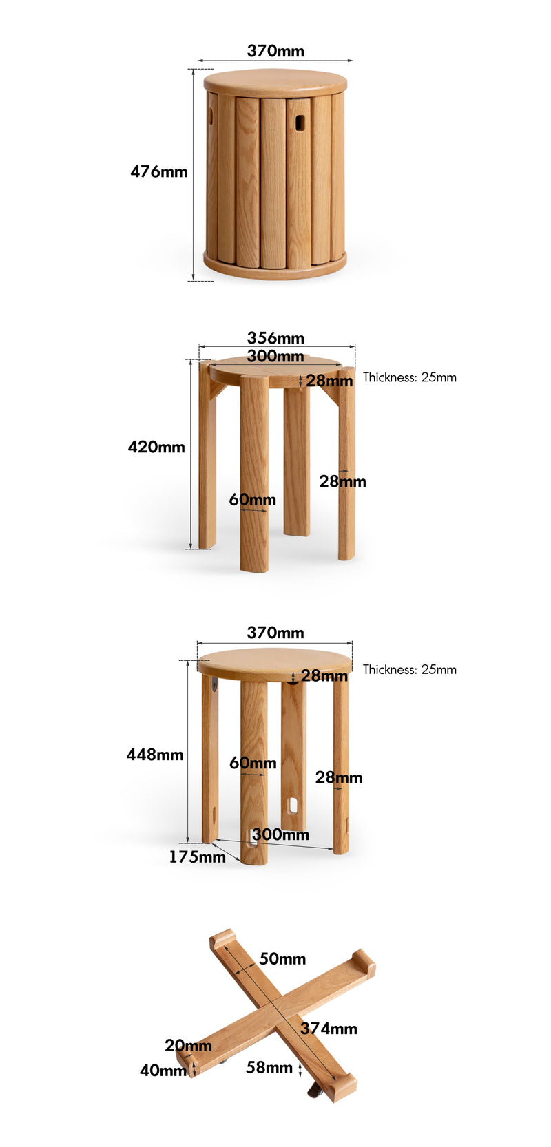 dimension detail diagram of Scandinavian Rubber Wood Stackable Stool With Wheels FRIDAY