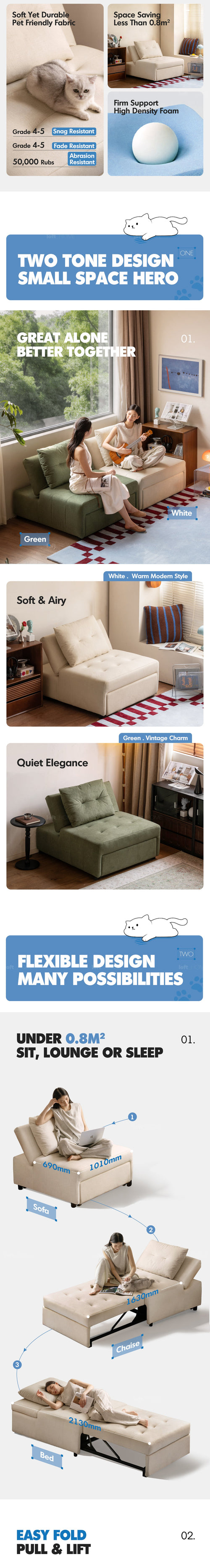 Modern Cat Scratch Resistant Fabric 1 Seater Sofa Bed MACARON Good to Know Preview-3