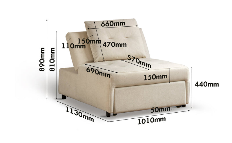 dimension detail diagram of Modern Cat Scratch Resistant Fabric 1 Seater Sofa Bed MACARON