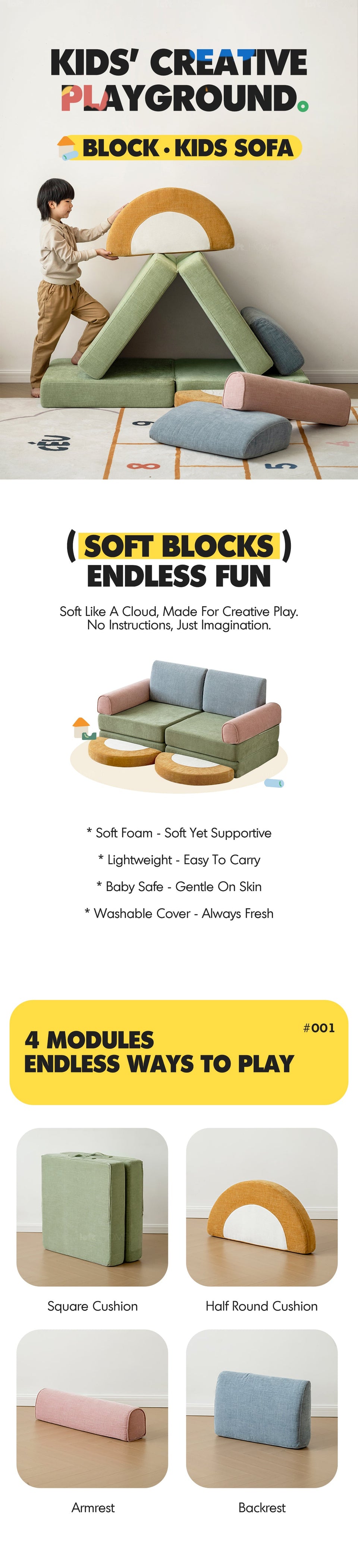 more product details and feature of Contemporary Chenille Velvet Fabric Kids Modular Sofa BLOCK