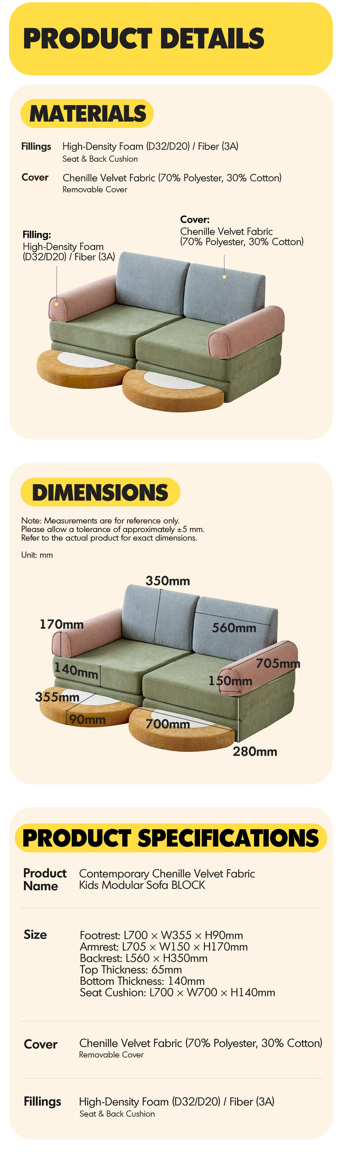 more product details and feature of Contemporary Chenille Velvet Fabric Kids Modular Sofa BLOCK