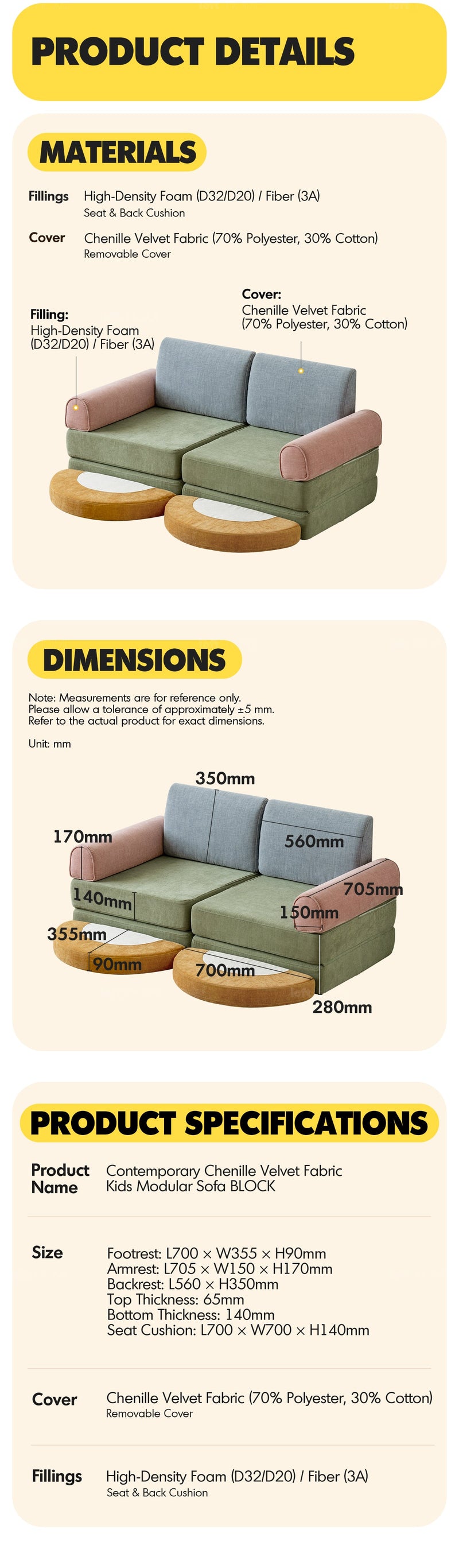 more product details and feature of Contemporary Chenille Velvet Fabric Kids Modular Sofa BLOCK
