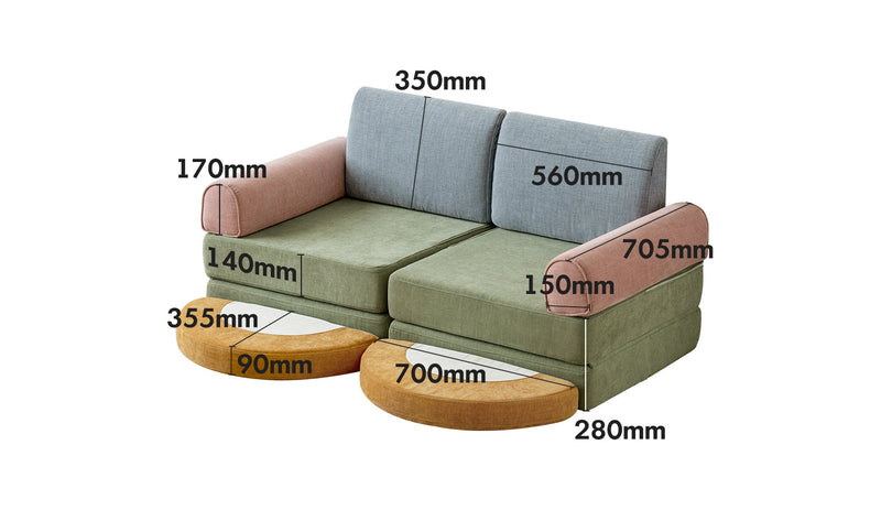 dimension detail diagram of Contemporary Chenille Velvet Fabric Kids Modular Sofa BLOCK