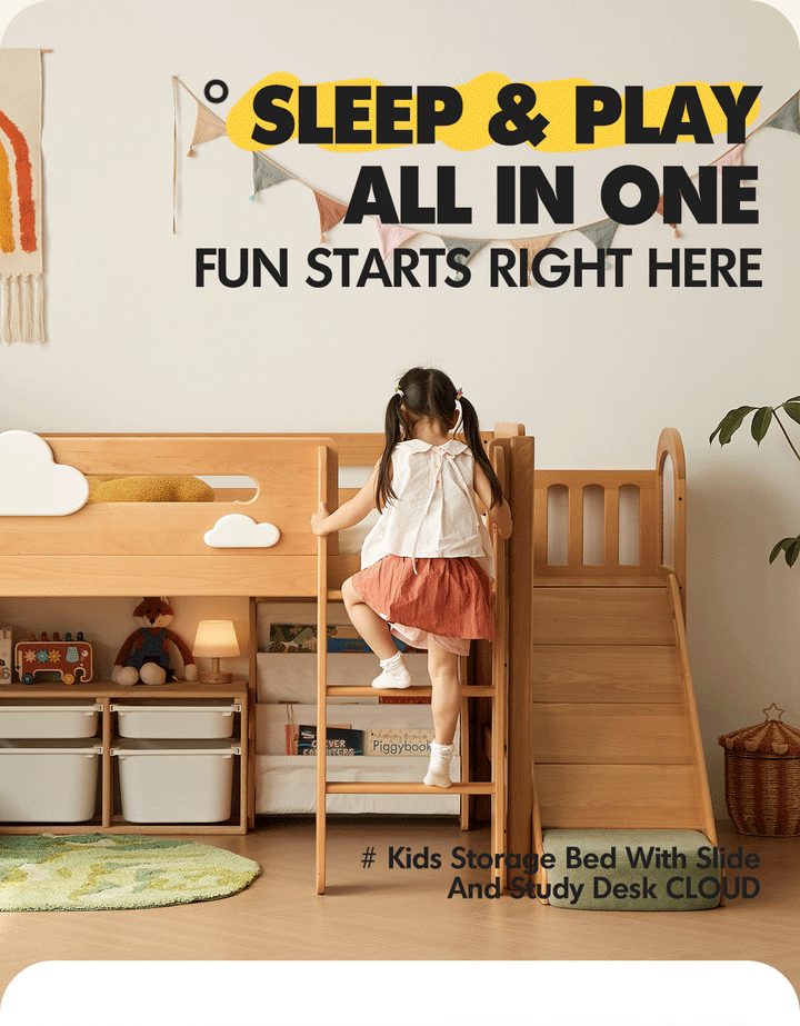 Scandinavian beech wood kids storage bed with slide and study desk cloud in real life style.