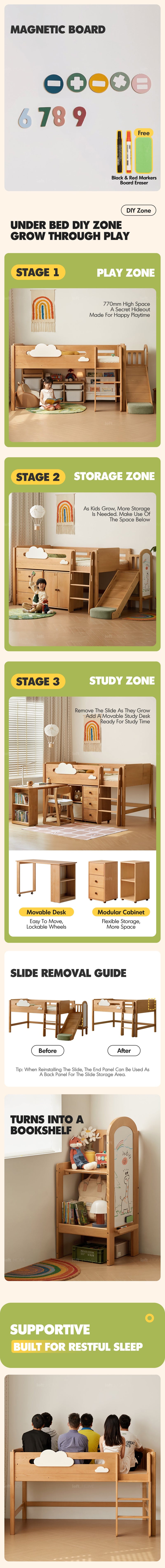 more product details and feature of Scandinavian Beech Wood Kids Storage Bed With Slide And Study Desk CLOUD