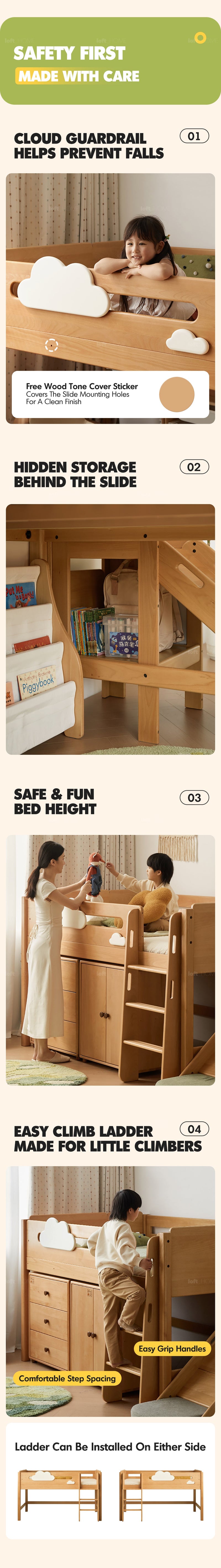 more product details and feature of Scandinavian Beech Wood Kids Storage Bed With Slide And Study Desk CLOUD
