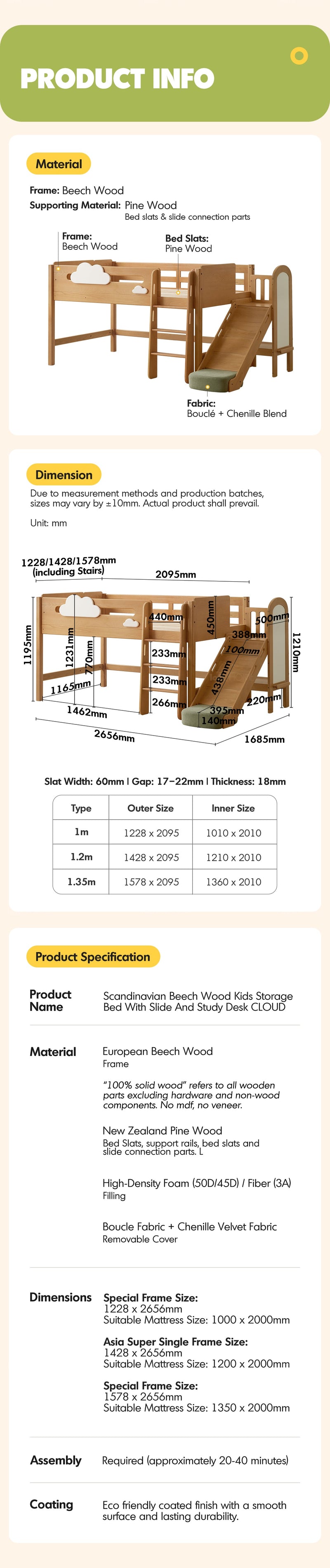 more product details and feature of Scandinavian Beech Wood Kids Storage Bed With Slide And Study Desk CLOUD