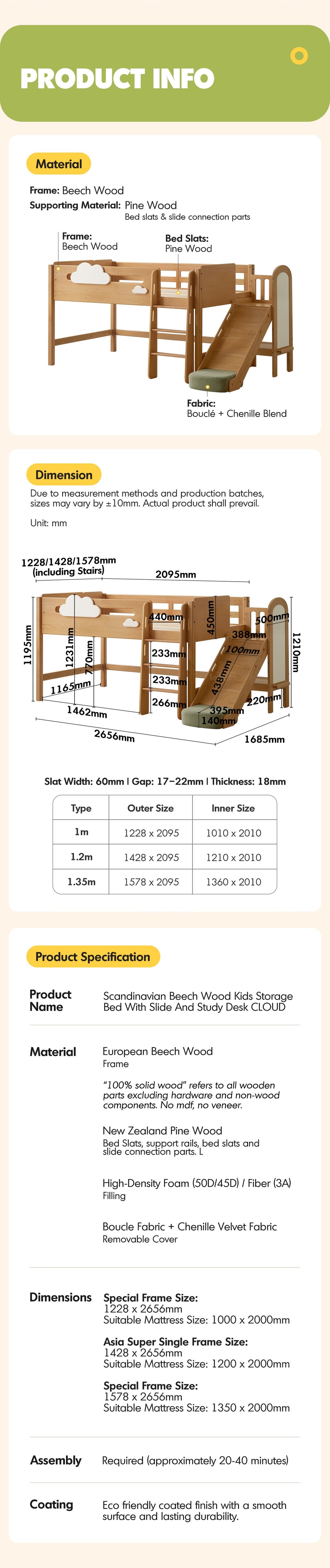 more product details and feature of Scandinavian Beech Wood Kids Storage Bed With Slide And Study Desk CLOUD