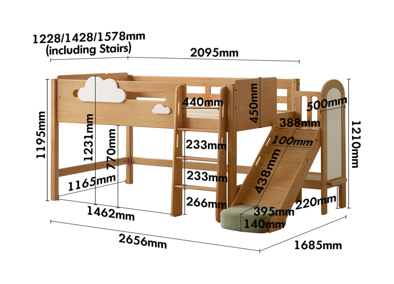 dimension detail diagram of Scandinavian Beech Wood Kids Storage Bed With Slide And Study Desk CLOUD
