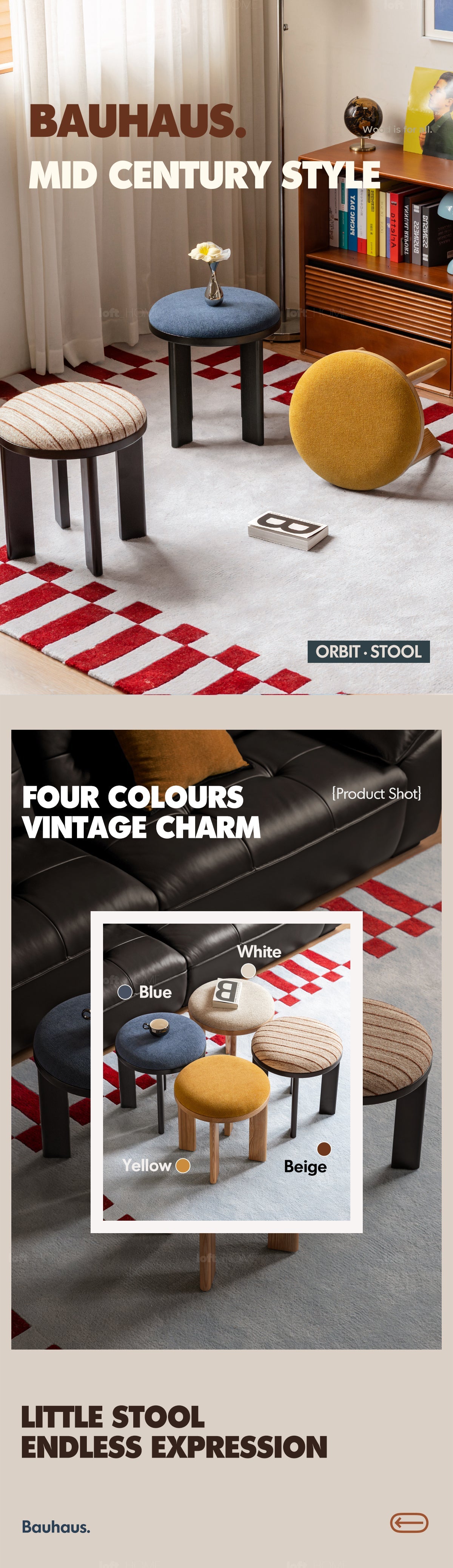 more product details and feature of Bauhaus Ash Wood Boucle Fabric Stool ORBIT