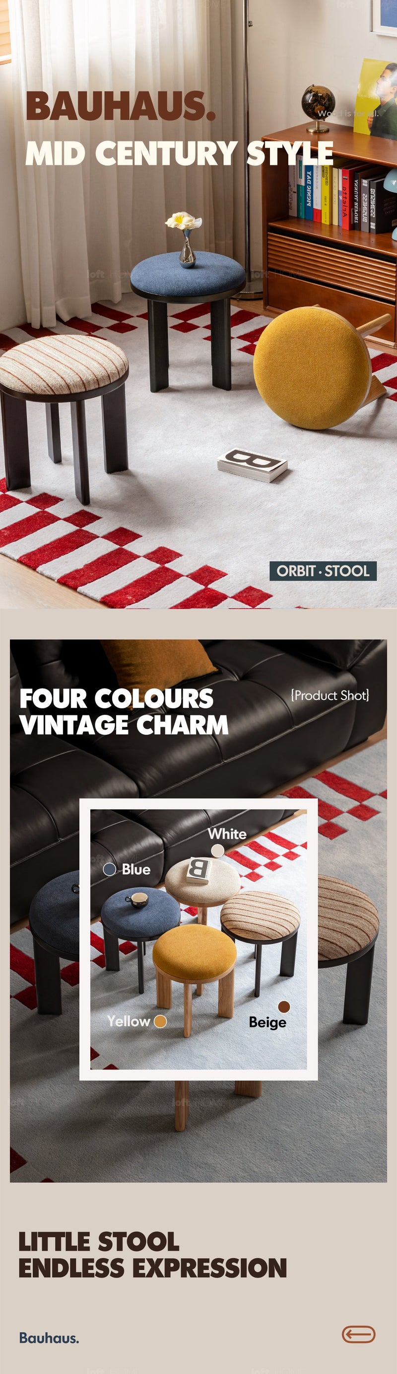 more product details and feature of Bauhaus Ash Wood Boucle Fabric Stool ORBIT