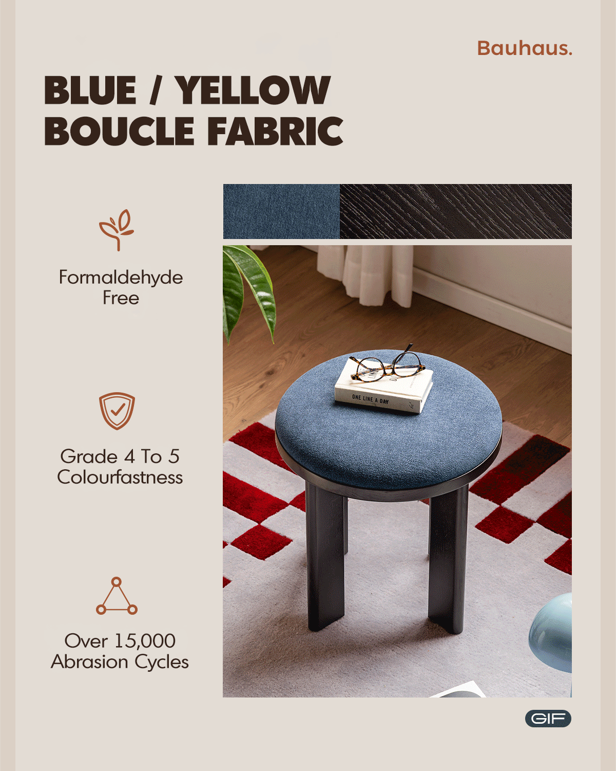 more product details and feature of Bauhaus Ash Wood Boucle Fabric Stool ORBIT