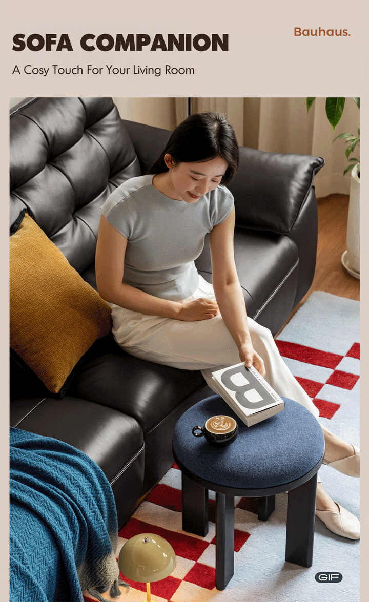 Bauhaus ash wood boucle fabric stool orbit in real life style.