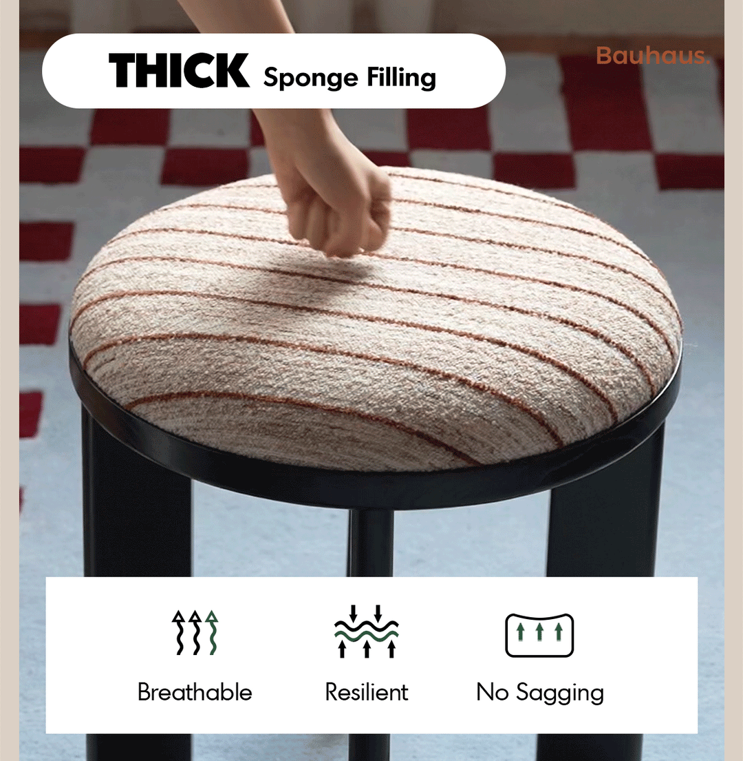Bauhaus ash wood boucle fabric stool orbit in details.