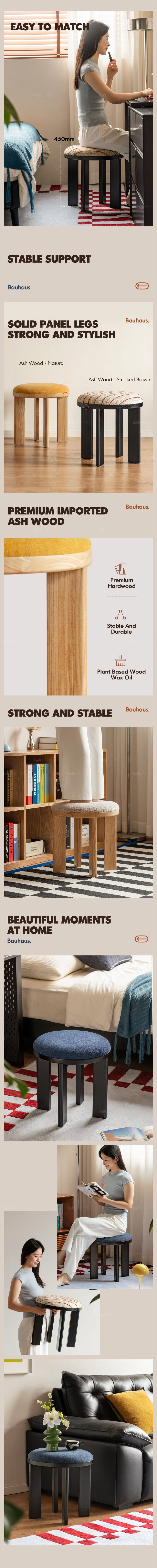 more product details and feature of Bauhaus Ash Wood Boucle Fabric Stool ORBIT