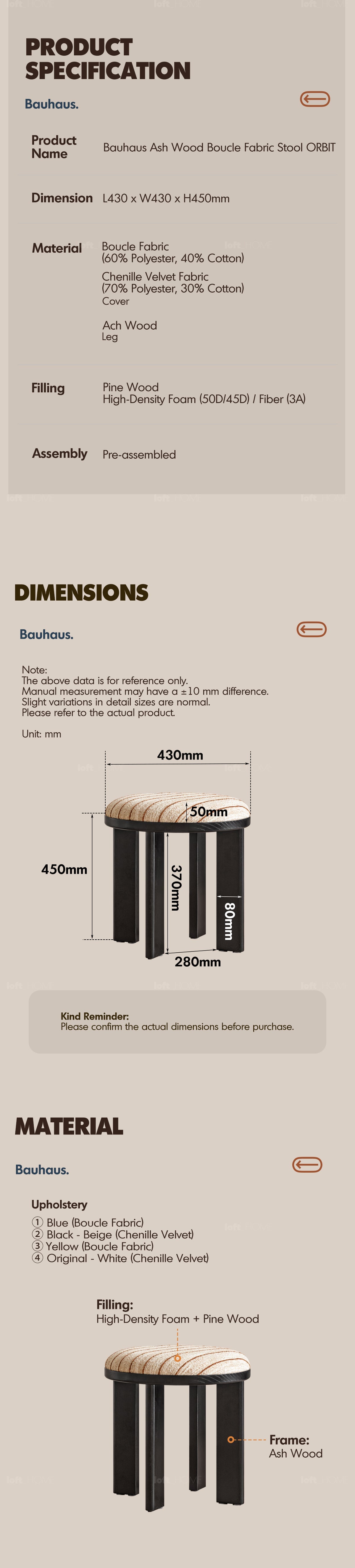 more product details and feature of Bauhaus Ash Wood Boucle Fabric Stool ORBIT