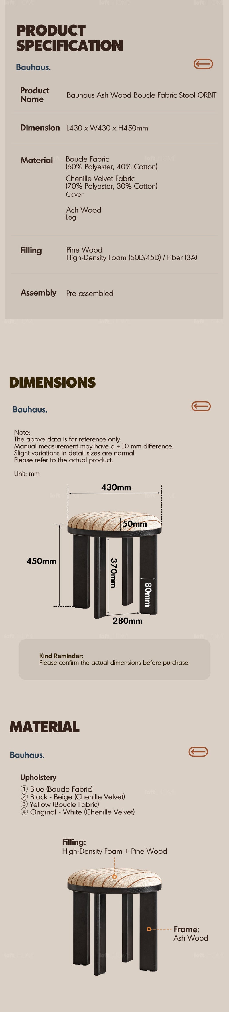 more product details and feature of Bauhaus Ash Wood Boucle Fabric Stool ORBIT