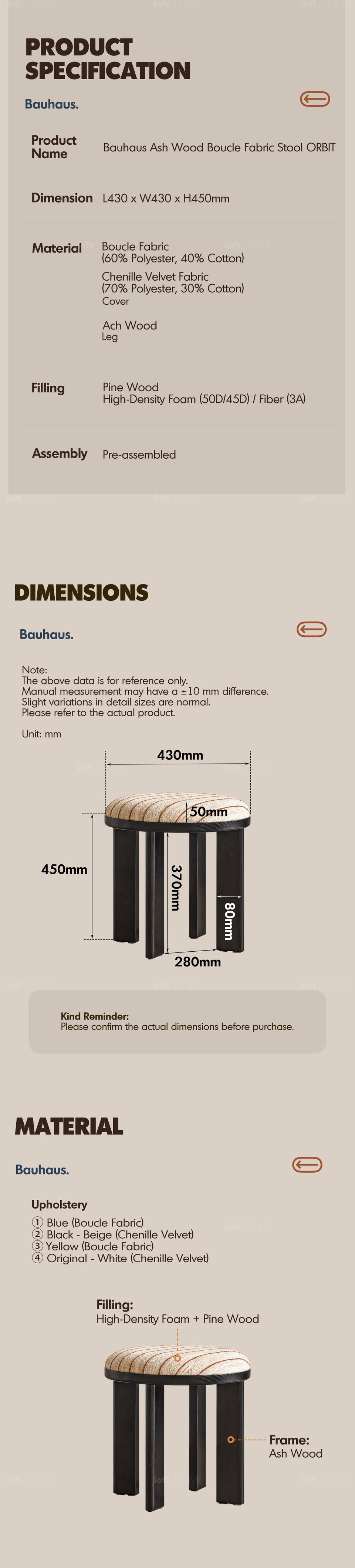 more product details and feature of Bauhaus Ash Wood Boucle Fabric Stool ORBIT