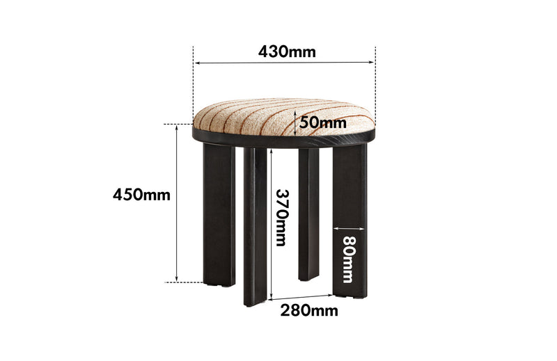 dimension detail diagram of Bauhaus Ash Wood Boucle Fabric Stool ORBIT