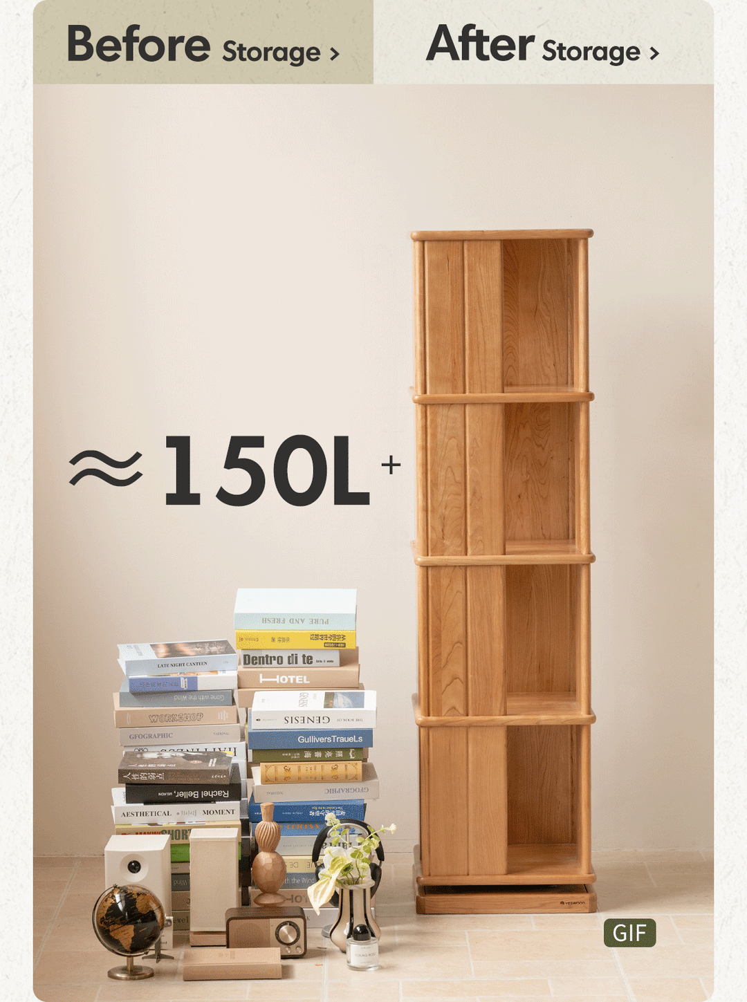 Scandinavian cherry wood revolving bookshelf rotterdam in details.
