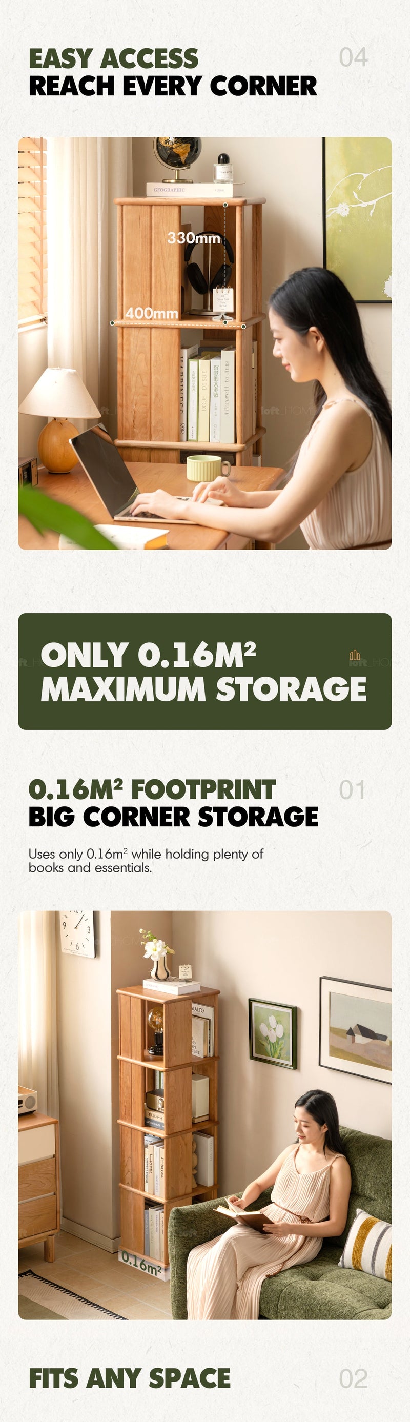 more product details and feature of Scandinavian Cherry Wood Revolving Bookshelf ROTTERDAM