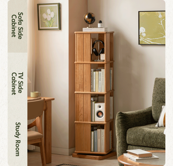 Scandinavian cherry wood revolving bookshelf rotterdam color swatches.